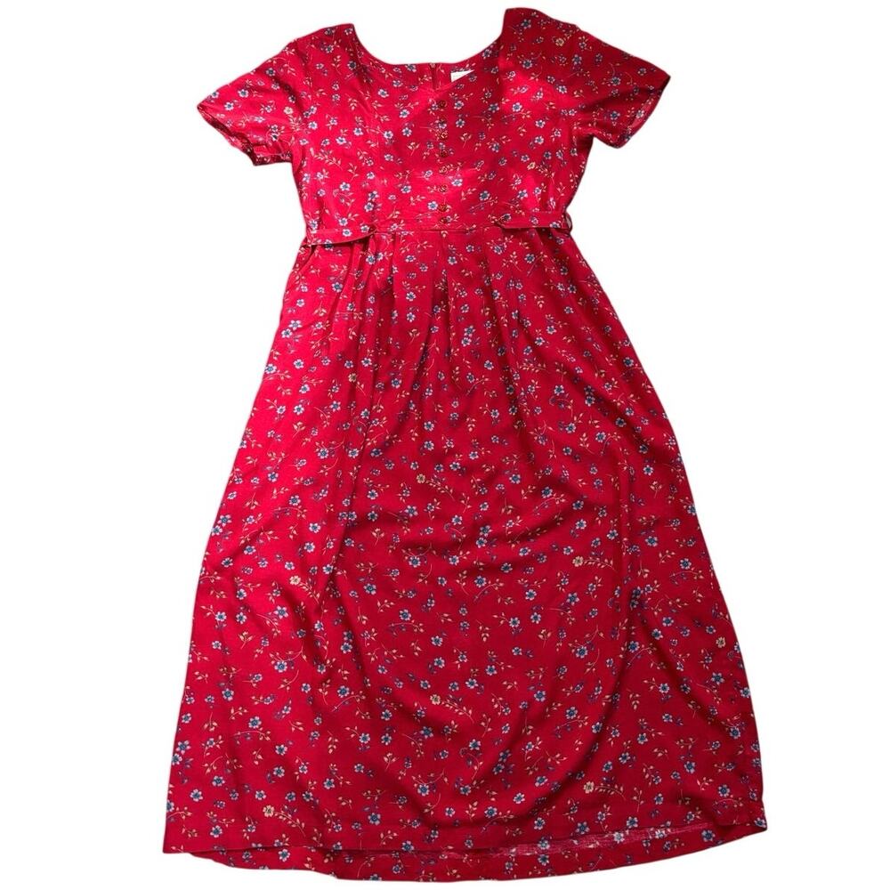 Vintage Erika Studio 100% Rayon Maxi Dress with Belt Red Floral Pattern Medium